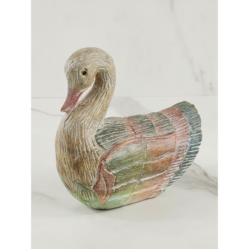 Carved Wooden Swan Decorative Sculpture 6" Colorful Washed 80's Home Decor Vtg